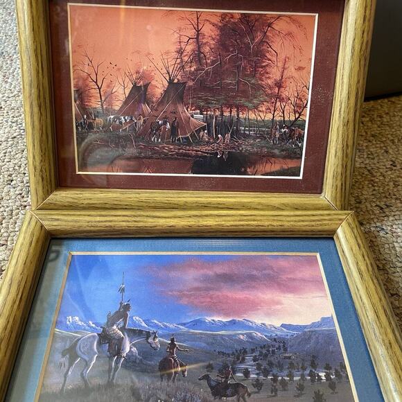 Indian Settlement Art Print Decor Native American Camp Riding Horse Lot Of 2 - Picture 9 of 9